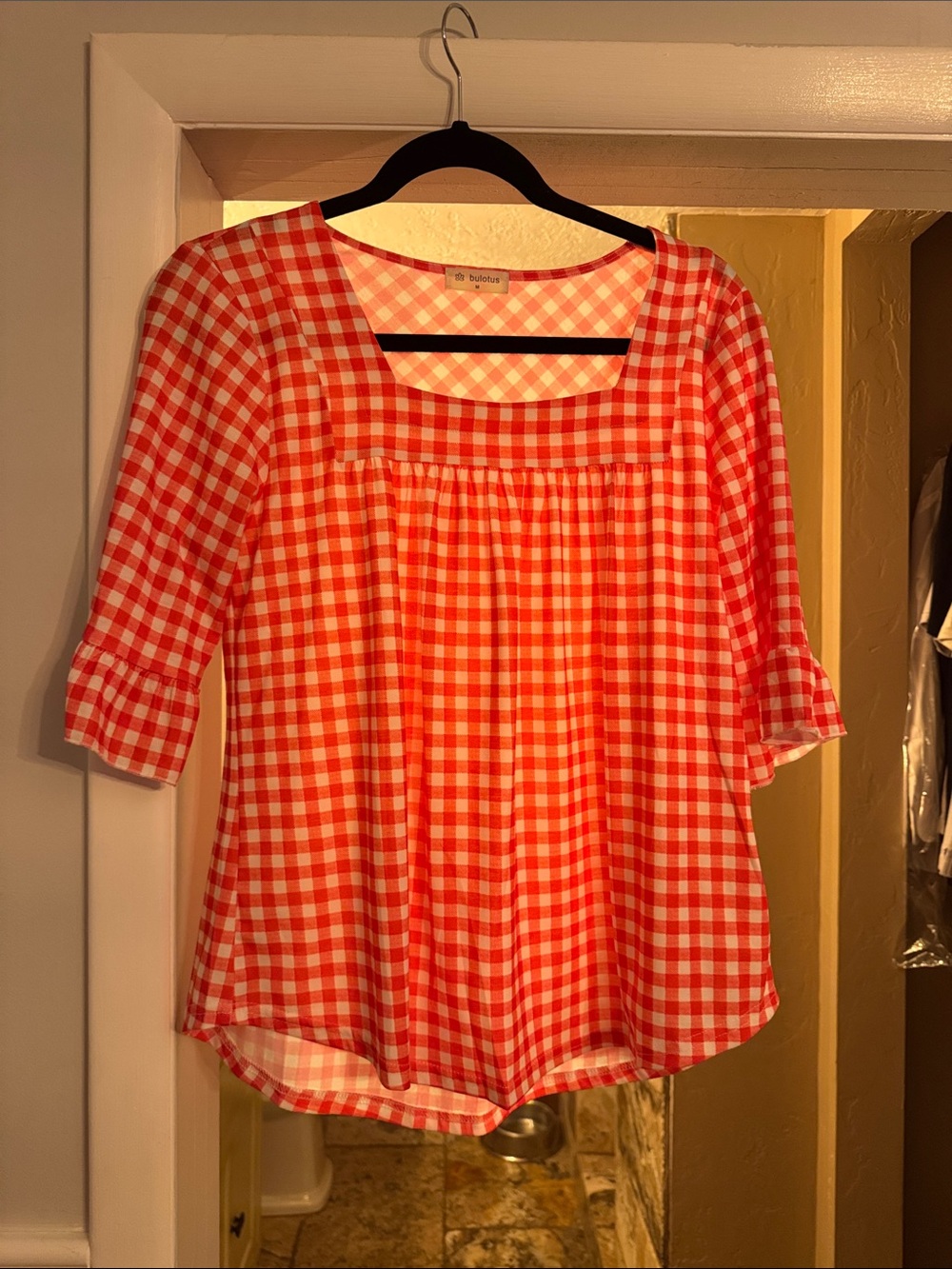 Women's Red Gingham Square-Neck Peasant Blouse